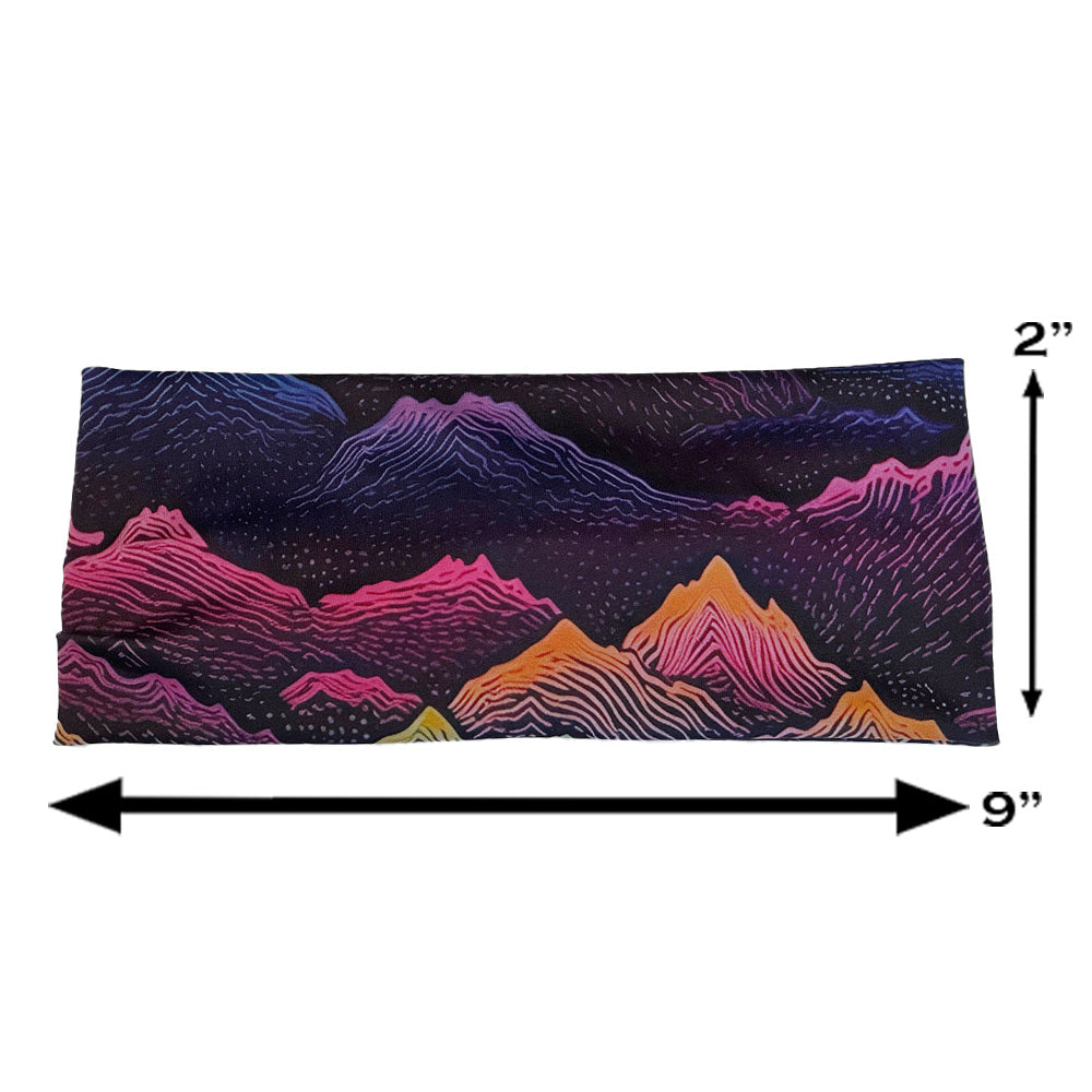 colorful mountain print headband measured at 2 by 9 inches
