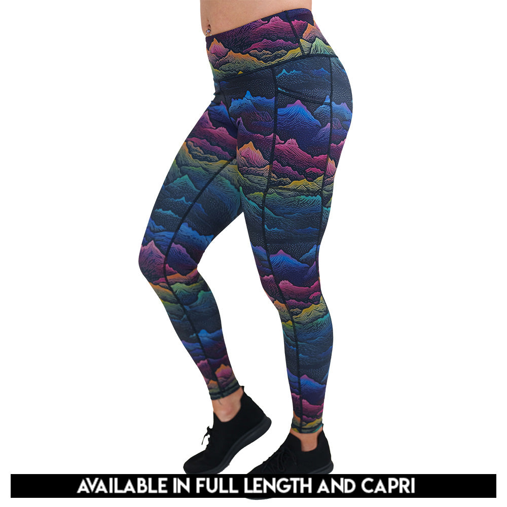 colorful mountain print leggings available in full and capri lengths