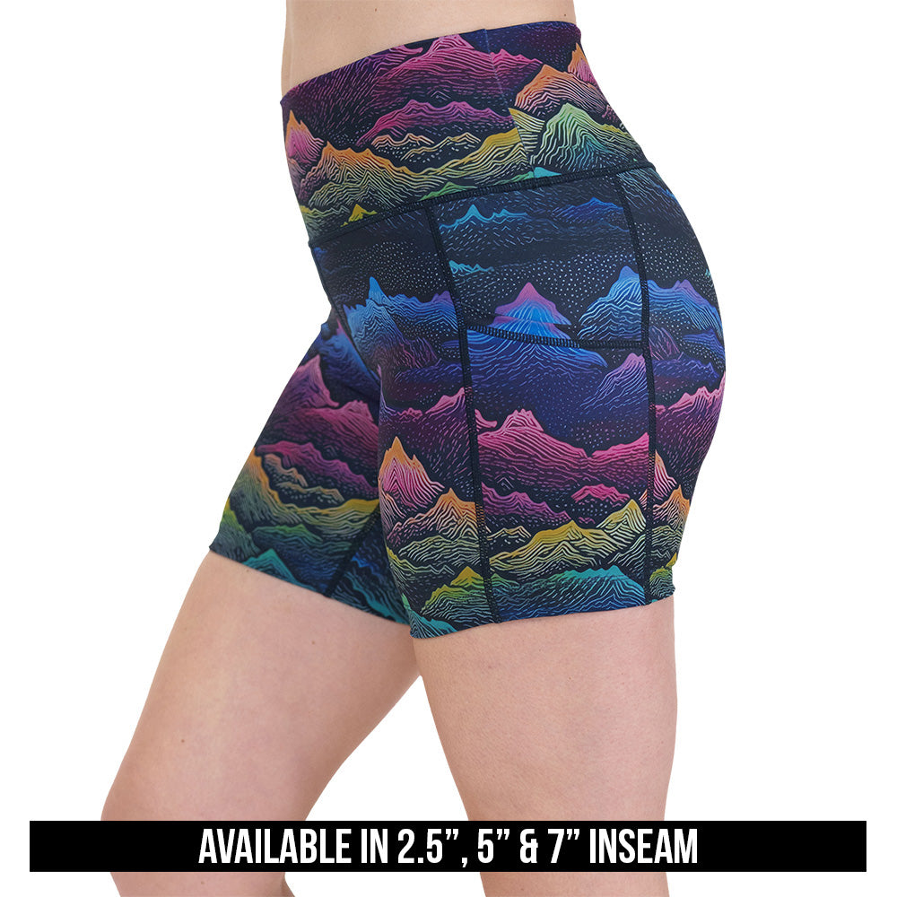 colorful mountain print shorts available lengths