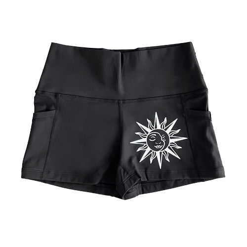 black shorts with white sun and moon design on the bottom right