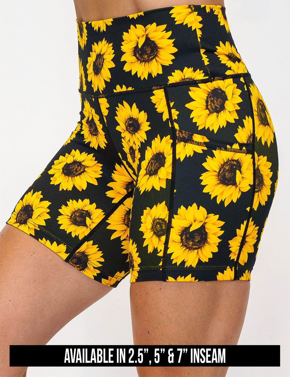 available inseam lengths for the yellow flower shorts, lengths available include 2.5, 5, and 7 inches
