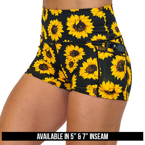 yellow flower shorts are available in 5 and 7 inch inseam