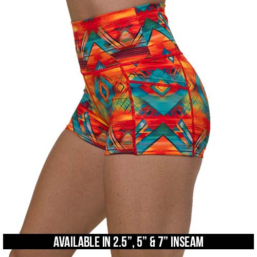 colorful aztec pattern shorts available in 2.5, 5 & 7 inseams