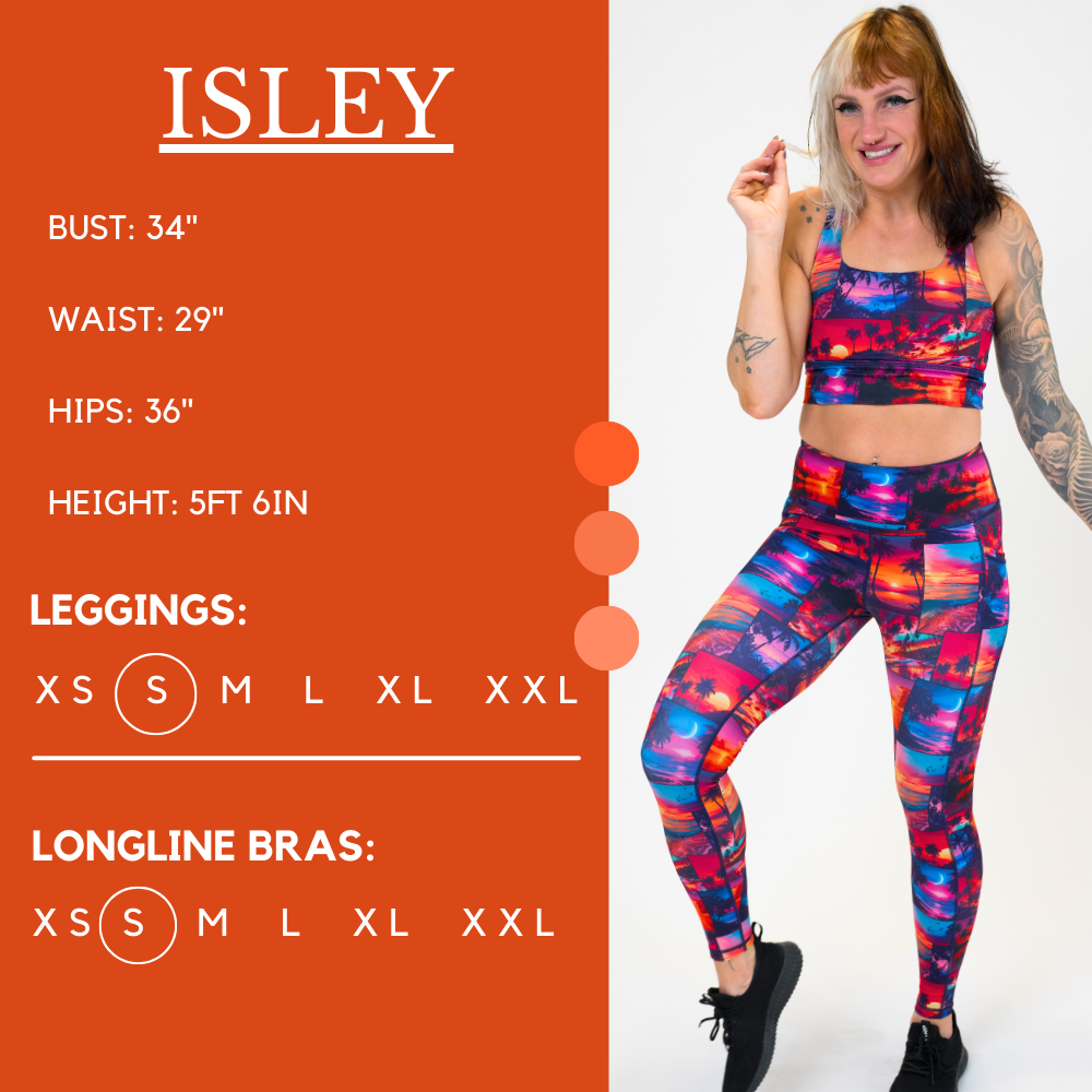 Model’s measurements of 34” bust, 29” waist, 36” hips and height of 5 ft 6 inches. She is wearing a size small in our leggings