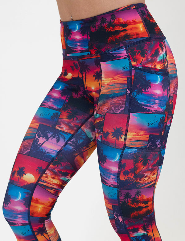 front of the sunset patterned leggings against a white background