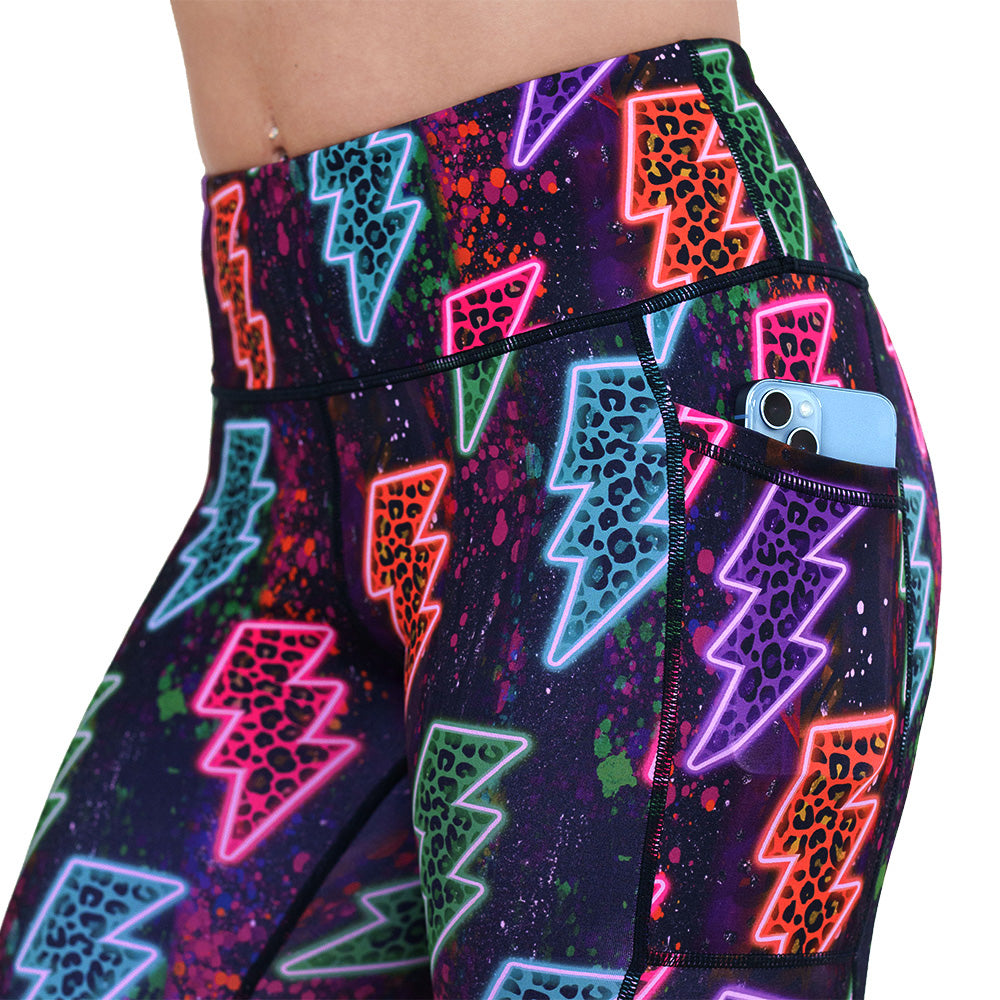 side pocket on the neon thunderbolts patterned leggings