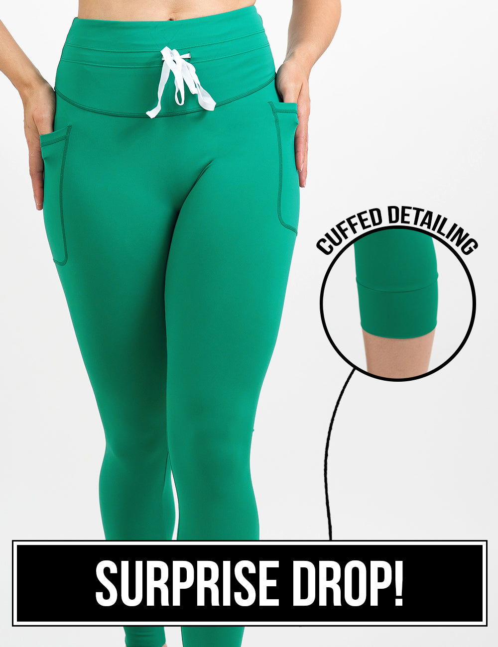 front of the green omni style leggings with a close up of the cuffed detailing against a white background, surprise drop