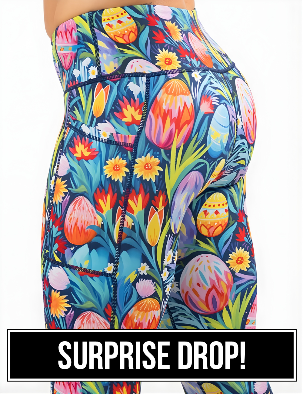 close up of the easter eggs in a field of flowers pattern leggings surprise drop