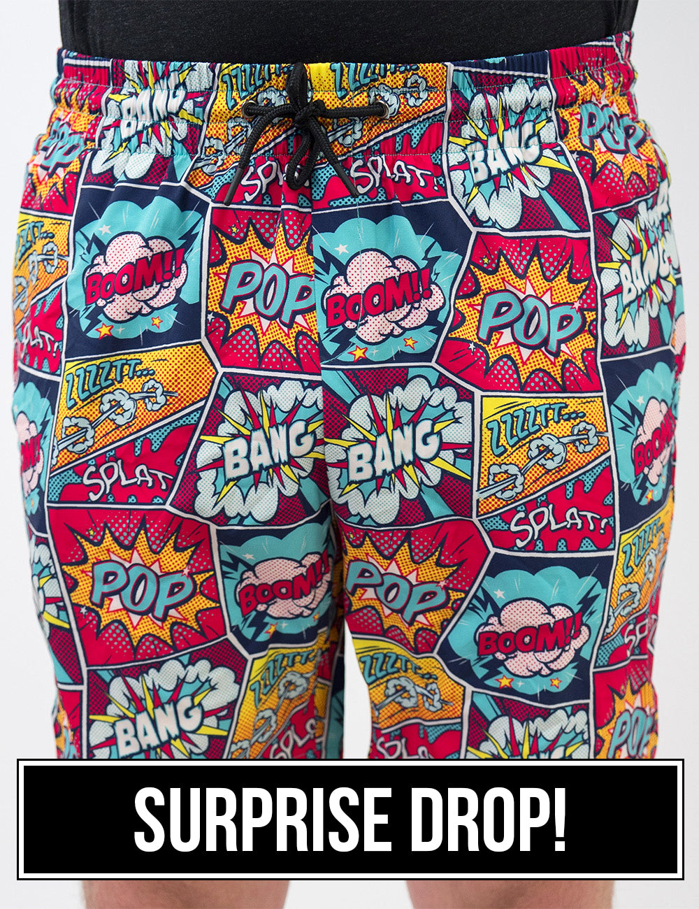 front of the comic book panel themed men's shorts against a white background, surprise drop