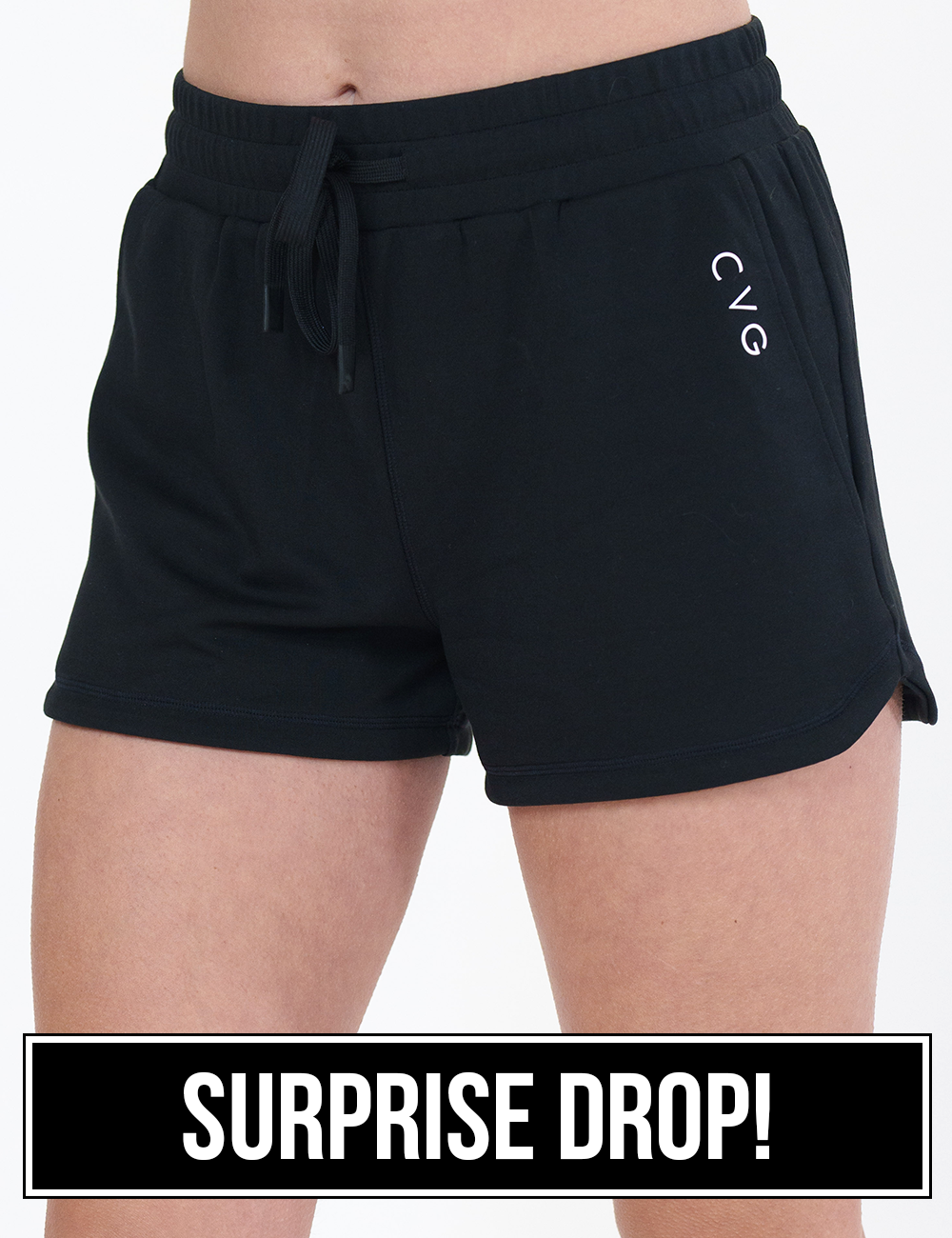 front of the black drawstring shorts surprise drop