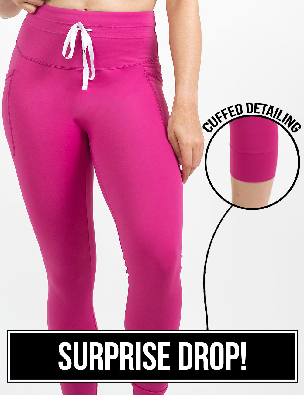 front of the pink omni style leggings with a white drawstring, featuring a close up of the cuffed detailing, surprise drop