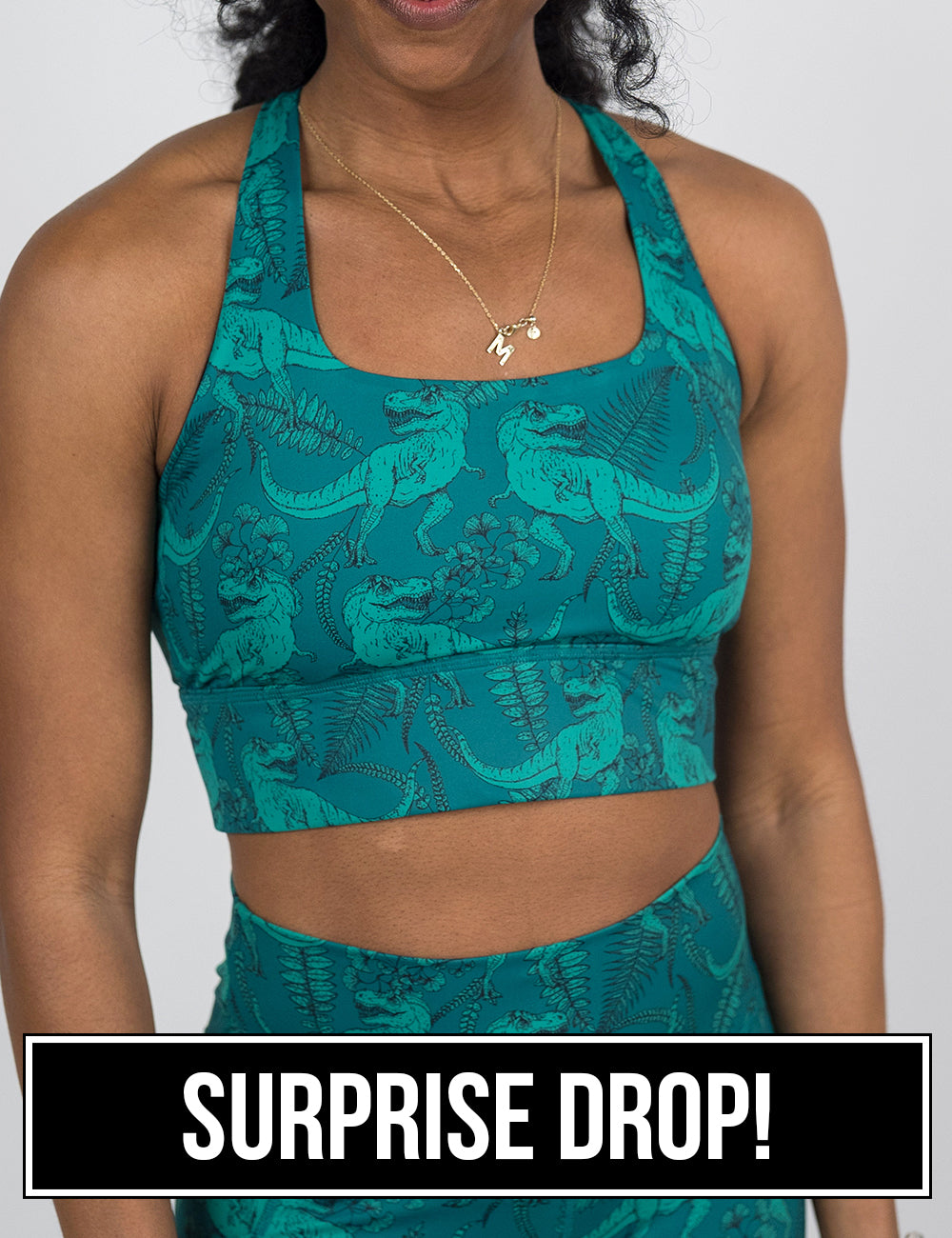 front of the teal t-rex longline bra against a white background, surprise drop