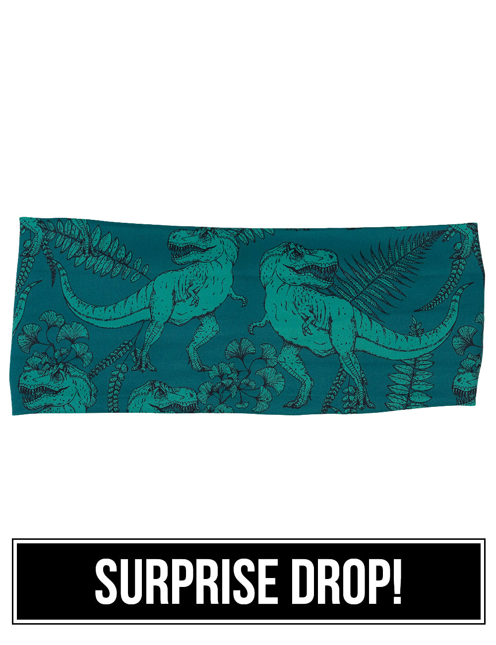 front of the teal t-rex headband against a white background, surprise drop