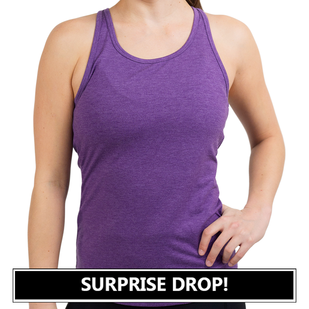 front of the purple open back tank top against a white background, coming soon