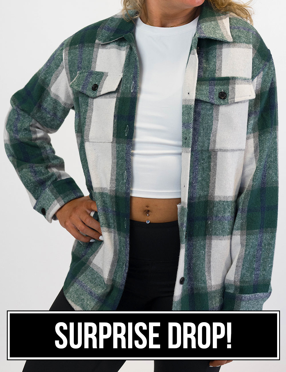 front of the green plaid shacket against a white background