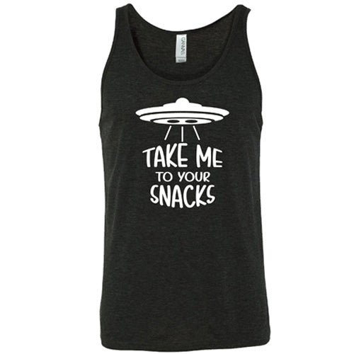 black unisex shirt with a white quote on it that says "take me to your snacks" with a ufo on top of it