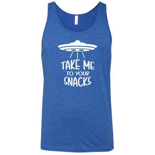 blue unisex shirt with a white quote on it that says "take me to your snacks" with a ufo on top of it