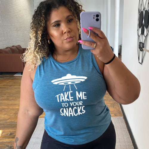 deep teal muscle tank top with a white quote on it that says "take me to your snacks" with a ufo on top of it