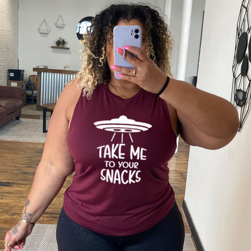 maroon muscle tank top with a white quote on it that says "take me to your snacks" with a ufo on top of it