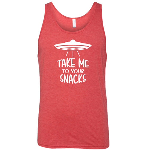 red unisex shirt with a white quote on it that says "take me to your snacks" with a ufo on top of it