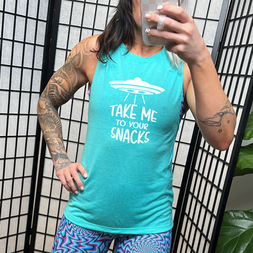 teal muscle tank top with a white quote on it that says "take me to your snacks" with a ufo on top of it