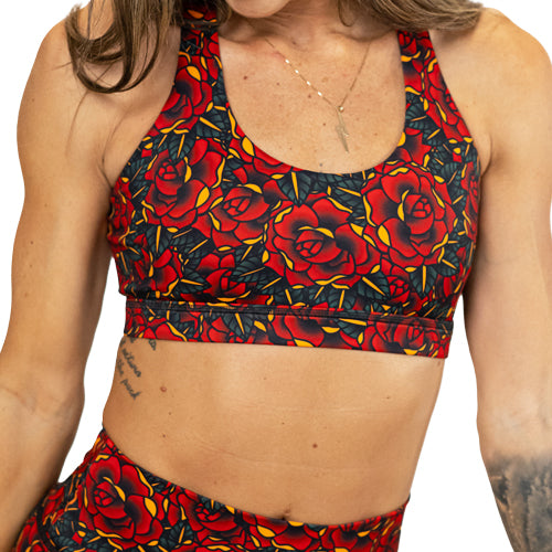 front view of tattoo rose print sports bra 