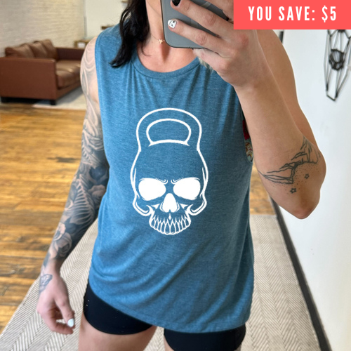 teal muscle tank with a kettlebell skull graphic on the front