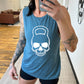 teal muscle tank with a kettlebell skull graphic on the front