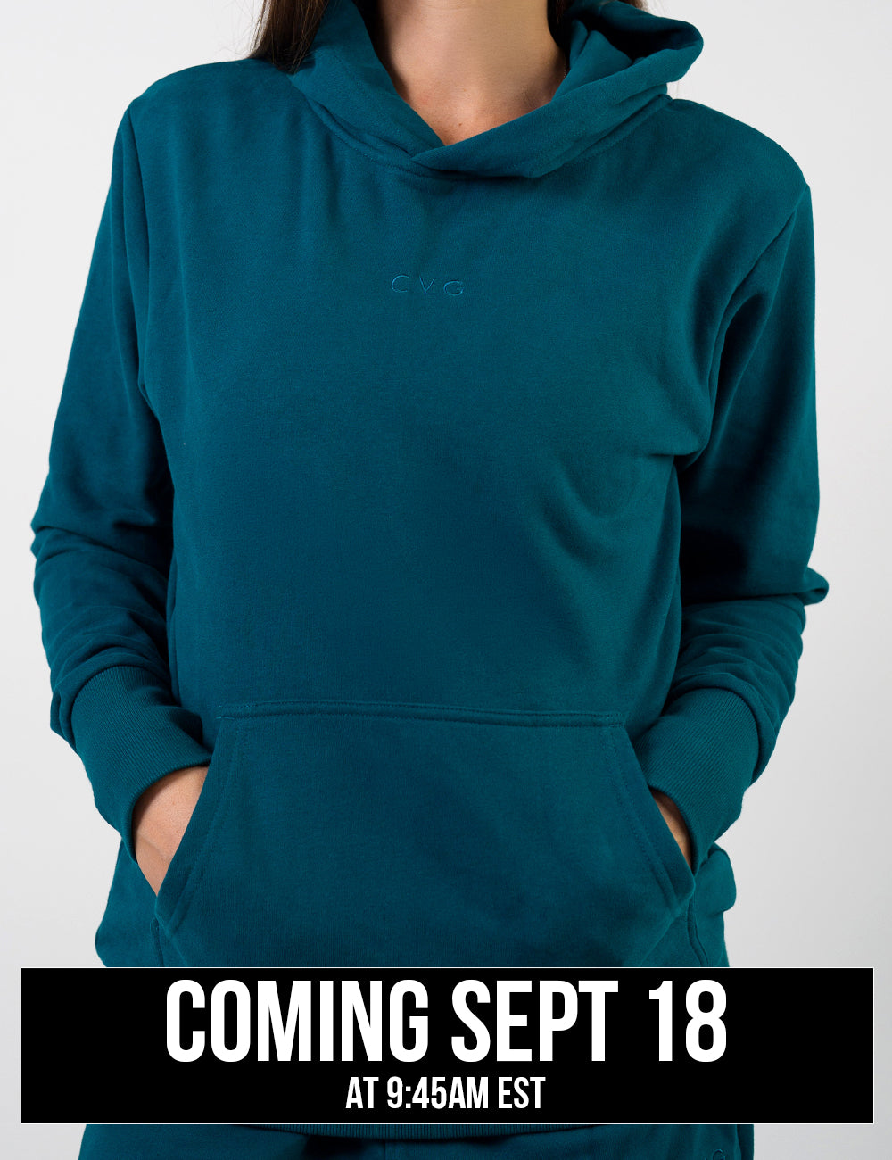 front of the dark blue hoodie with a subtle CVG logo, coming September 18th