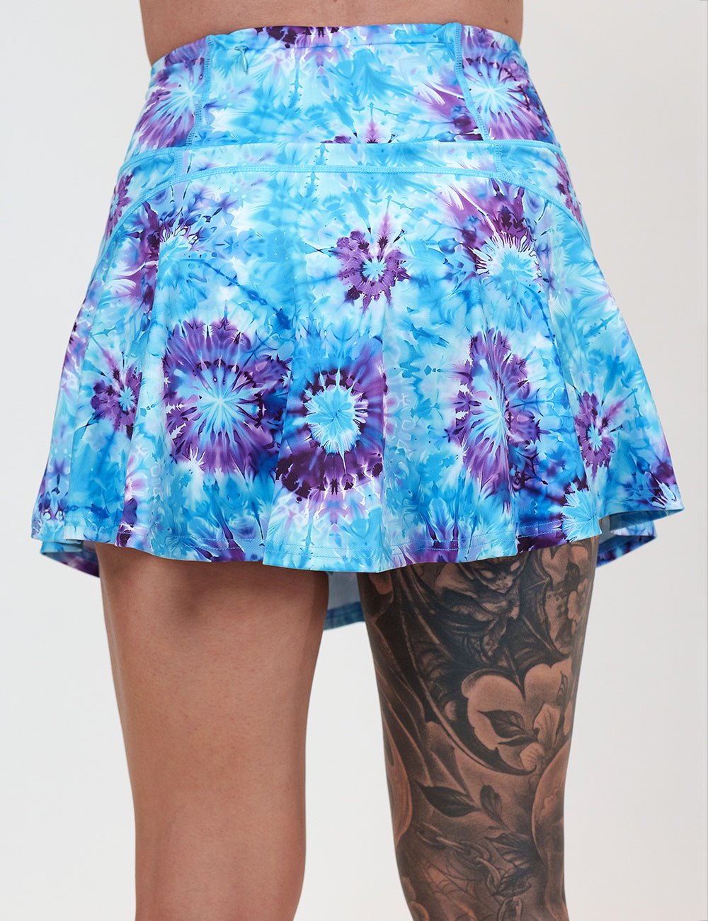 back of the the blue and purple tie dye skirt against a white background