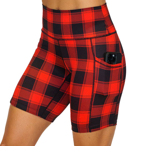 close up of side pocket on the red and black plaid shorts