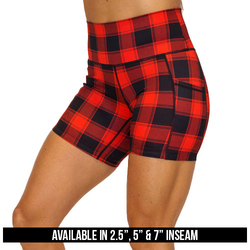 red and black plaid shorts available in 2.5, 5 and 7 inch inseams