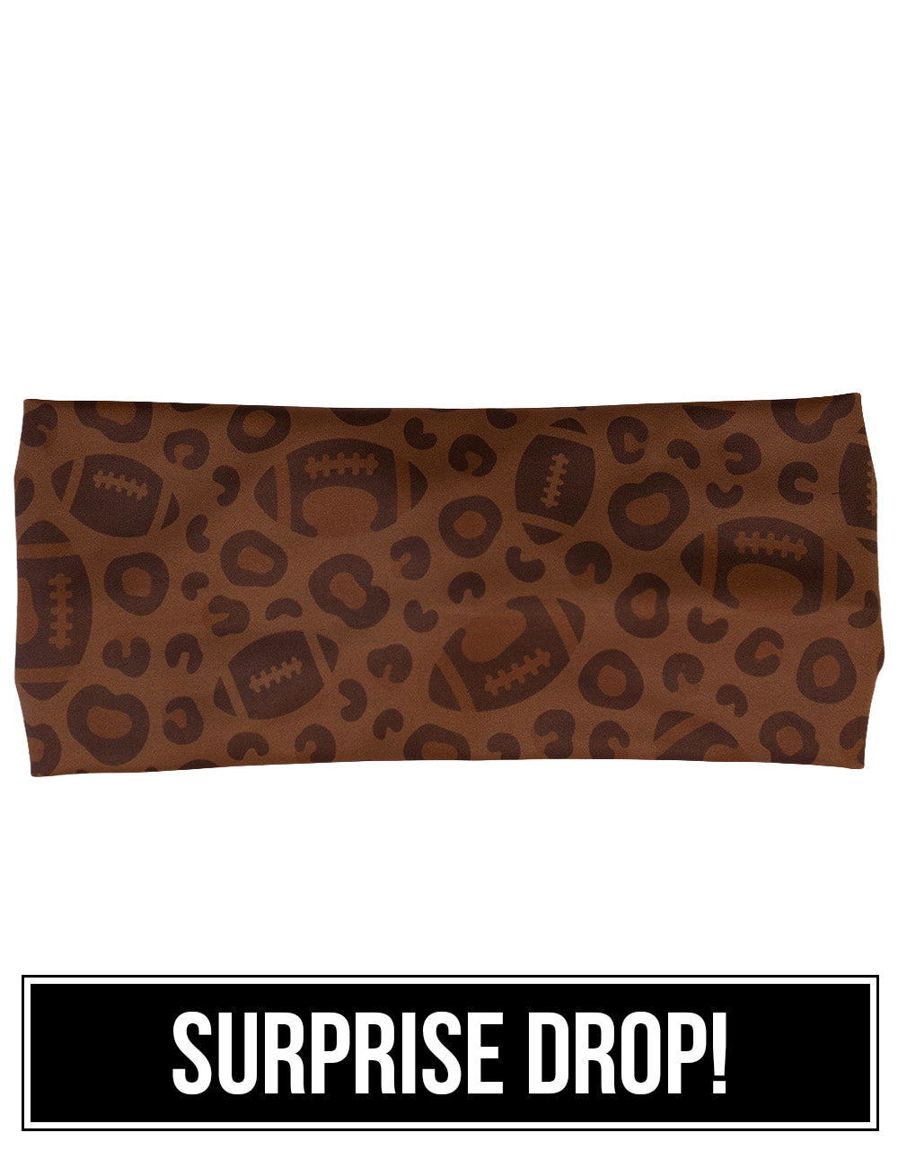 front of the football themed brown leopard print headband, surprise drop