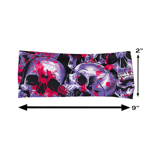 toxic skulls headband measured at 2 inches by 9 inches