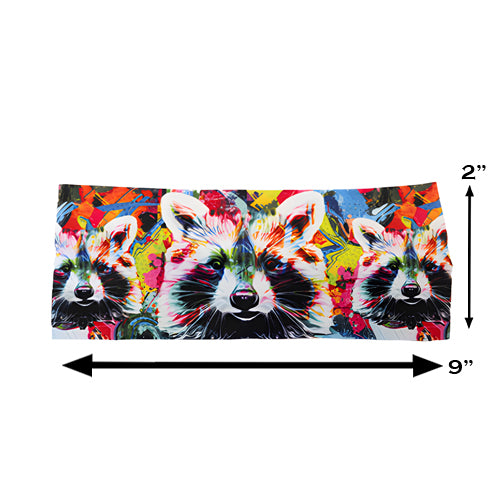 colorful raccoon print headband measured at 2 by 9 inchea