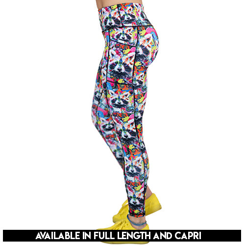 colorful raccoon print leggings available in full and capri length