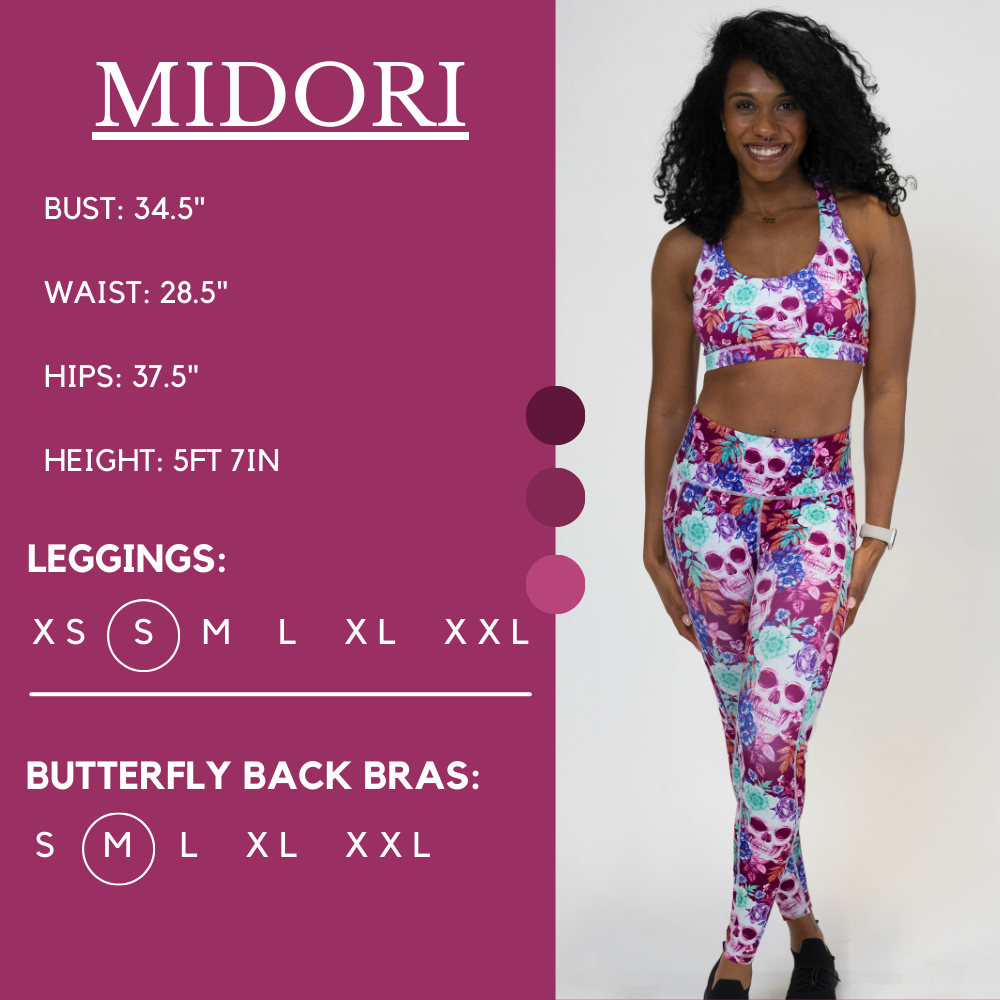 Model’s measurements of 34.5” bust, 28.5” waist, 37.5” hips and height of 5 ft 7 inches. She is wearing a size extra small in our leggings