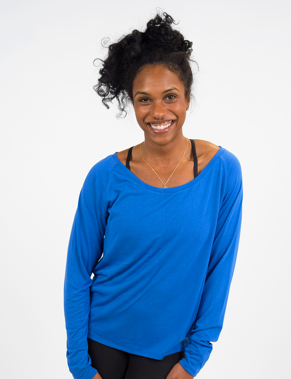 front of the true blue long sleeve slouchy tee against a white background