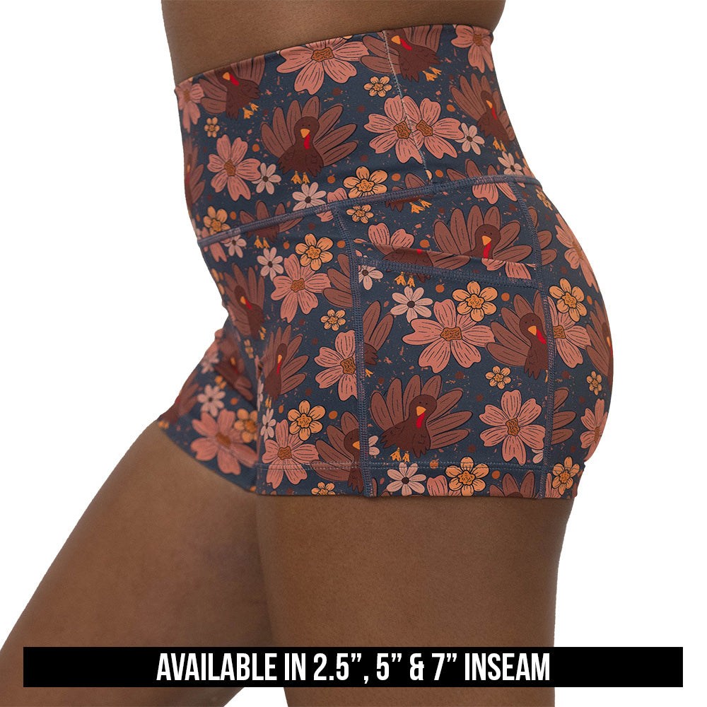 shorts with turkey and floral pattern available in 2.5, 5 & 7 inch inseams