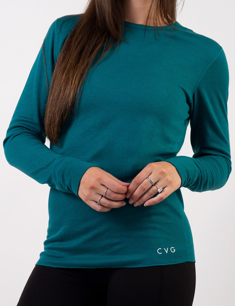 front of the dark teal thermal against a white background