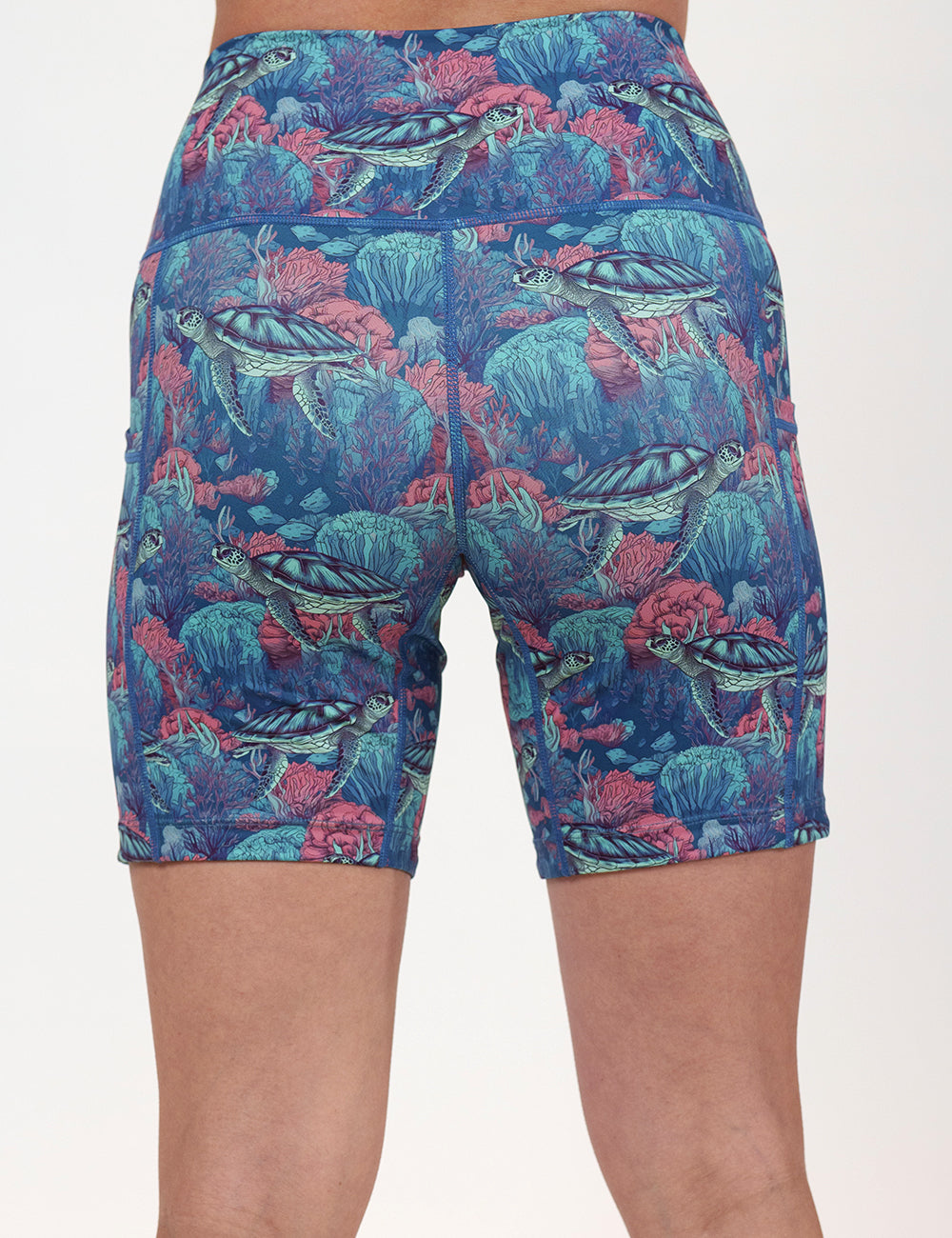 back of the 7 inch turtle patterned shorts against a white background