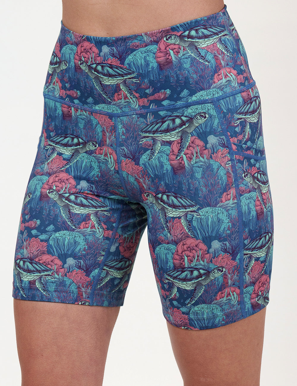 front of the 7 inch turtle patterned shorts against a white background