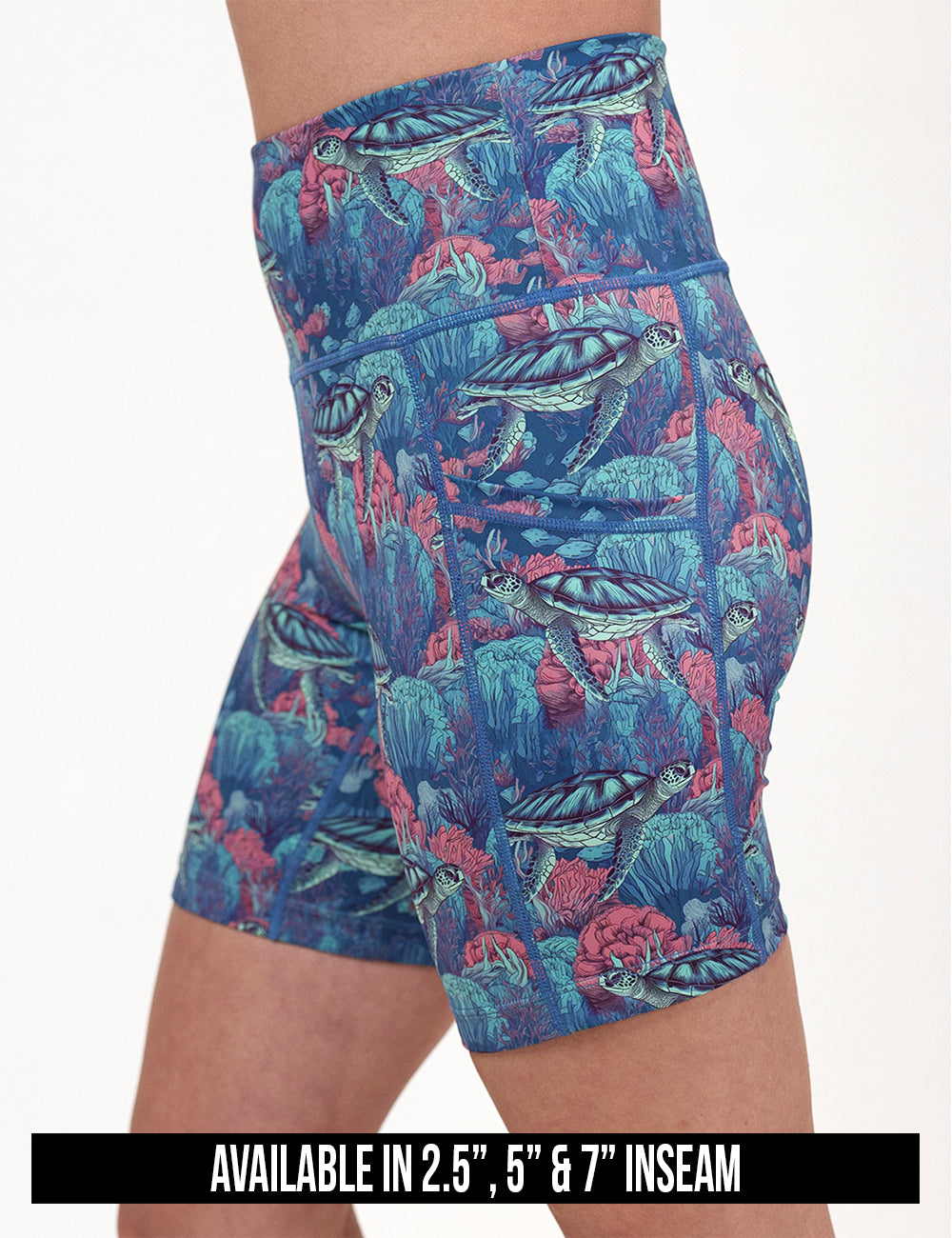 available lengths for the turtle patterned shorts, inseam lengths include 2.5, 5, and 7 inches