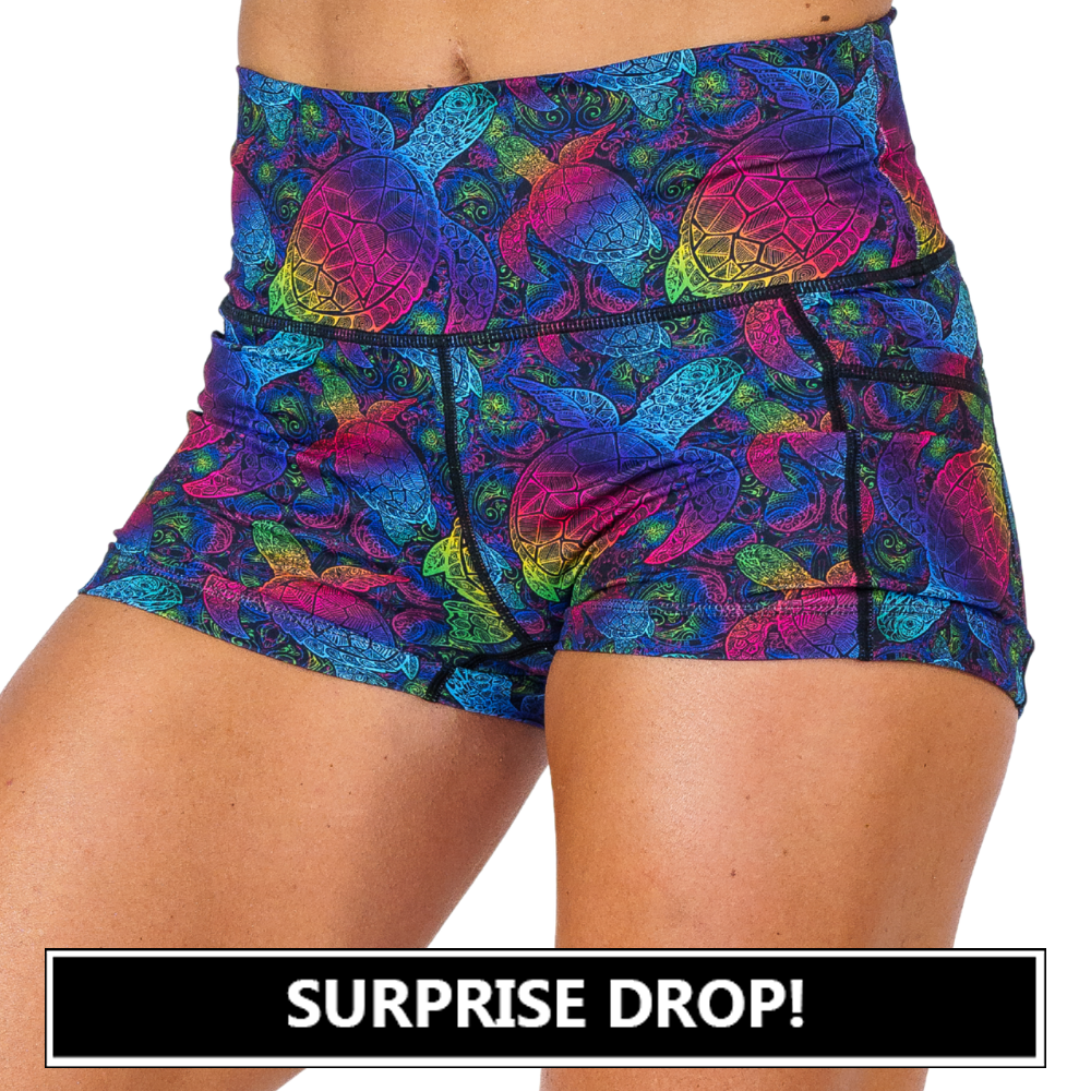 pink, yellow, blue, green and purple ombre turtle print shorts surprise drop