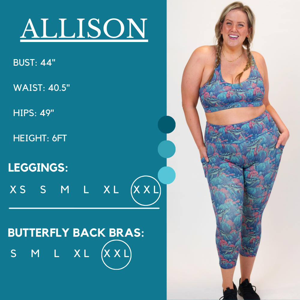 Model's measurements of 44 inch bust, 40.5 inch waist, 49 inch hips, and height of 6 foot. She is wearing a size xx-large in our leggings and butterfly back bra