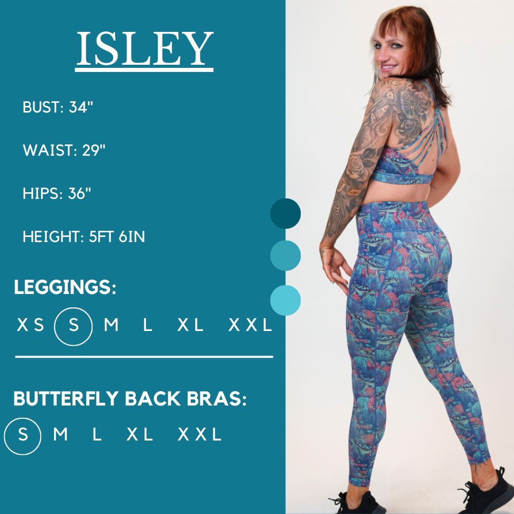 Model’s measurements of 34” bust, 29” waist, 36” hips and height of 5 ft 6 inches. She is wearing a size small in our leggings and a size small in our butterfly back bra