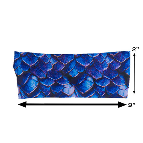 blue dragon scale print headband measured at 2 by 9 inches