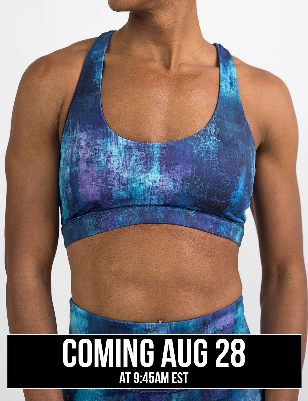 front of the blue, teal, and purple grunge concrete pattern bra coming august 28th
