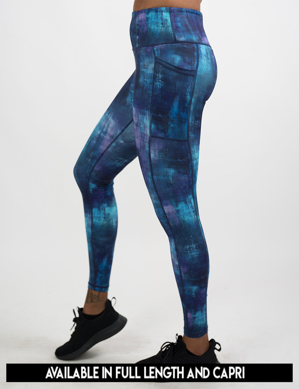 available lengths for the blue, teal, and purple grunge concrete pattern leggings, lengths include full length and capri