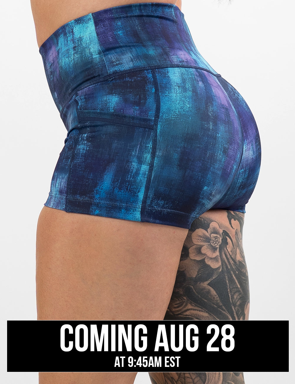 side view of the blue, teal, and purple grunge concrete pattern 2.5 inch shorts coming august 28th